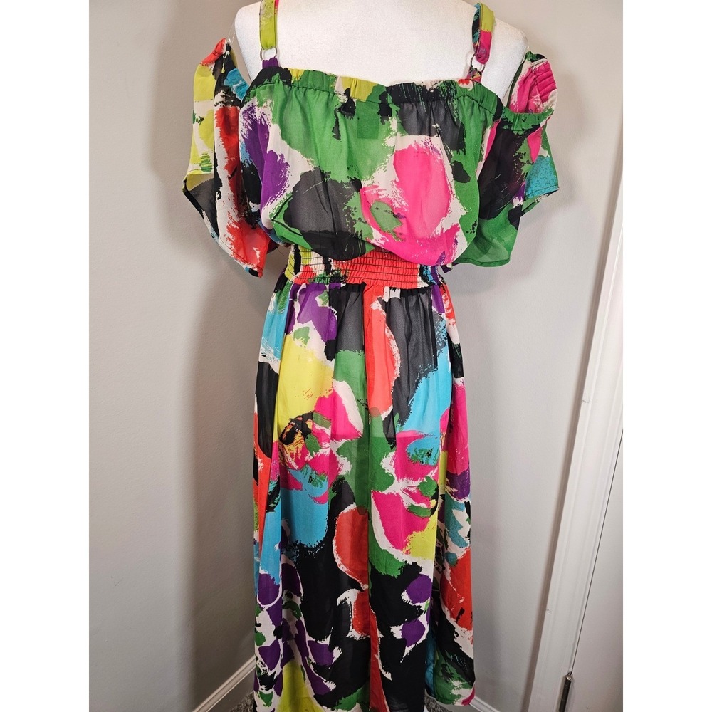 Ashley Stewart Multi Color Abstract High Low Maxi Dress Cold Shoulder Plus 26/28 - Picture 7 of 11